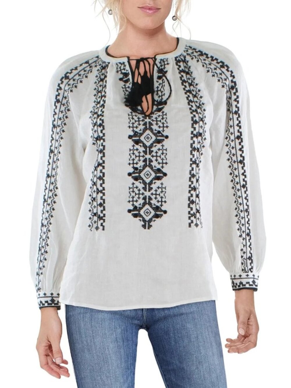 Lauren Ralph Lauren Womens White Embroidered Boho Pullover Top Shirt 2XL